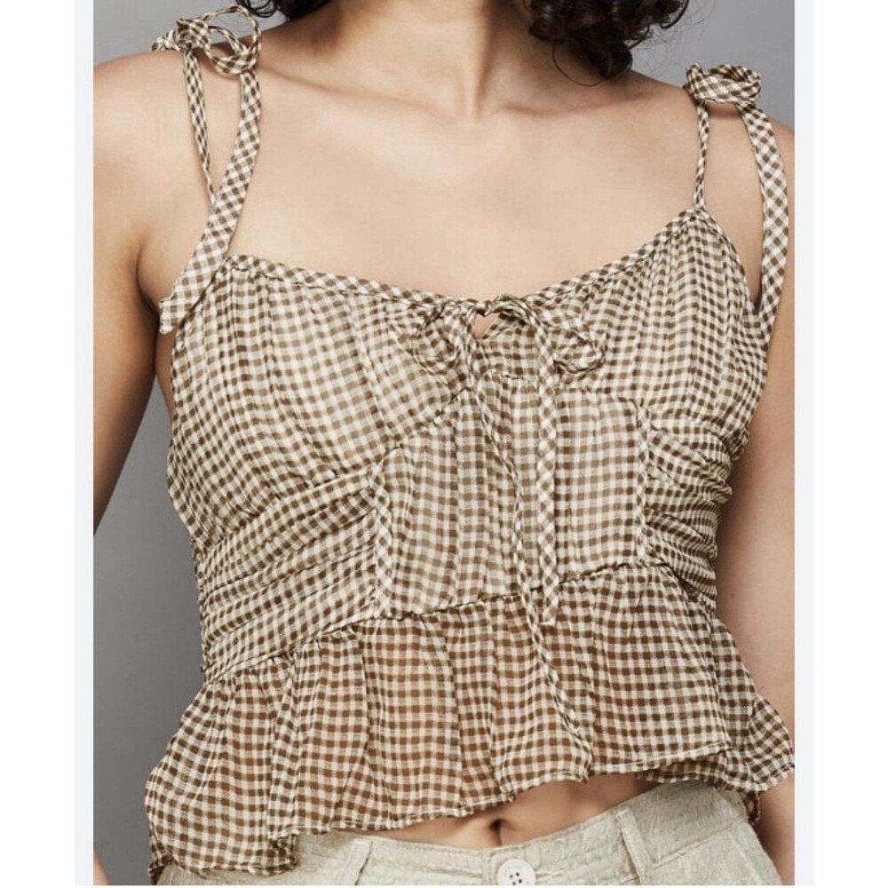 American Eagle AE Peplum Hem Crop Top Brown Gingham Women Small Western Ruffles